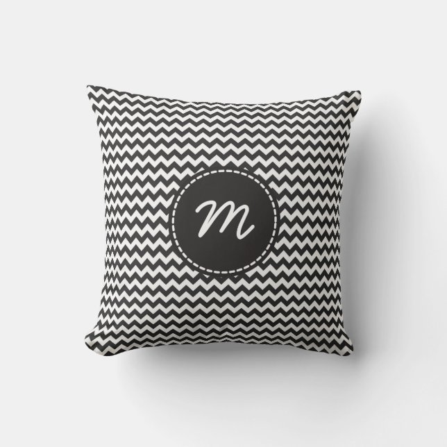 Black and White Chevron Pattern Custom Monogram Cushion (Front)