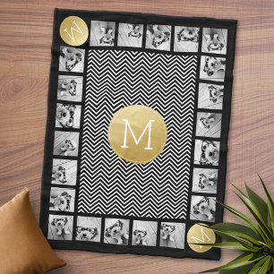 Black and White Chevron Pattern Monogram 11 Photo Fleece Blanket