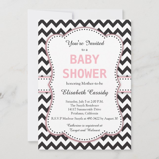 Black and White Chevron, Pink, Baby Shower Invitation (Front)