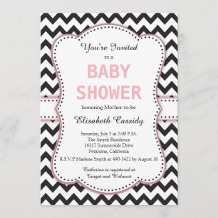 Black and White Chevron, Pink, Baby Shower Invitation