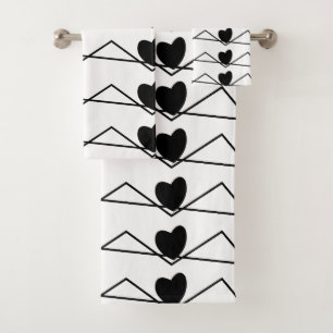 Black and White Chevron Stripe Hearts Bath Towel Set