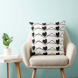 Black and White Chevron Stripe Hearts Pattern Cushion