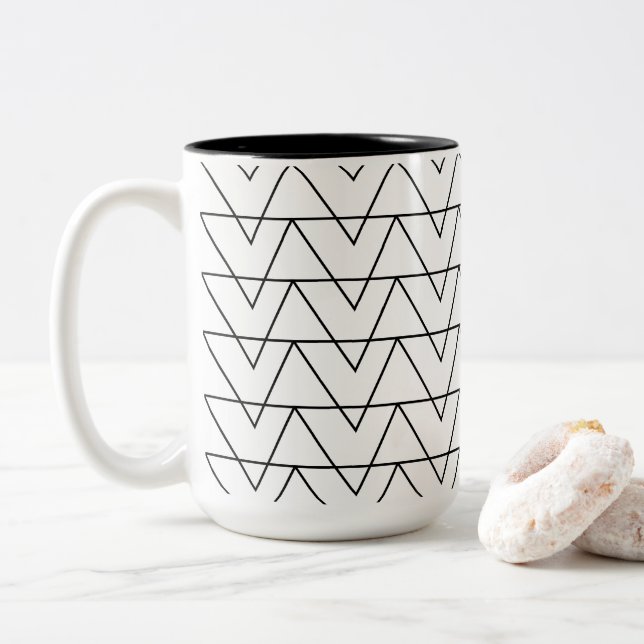 Black and White Chevron Stripe Pattern Two-Tone Coffee Mug (With Donut)