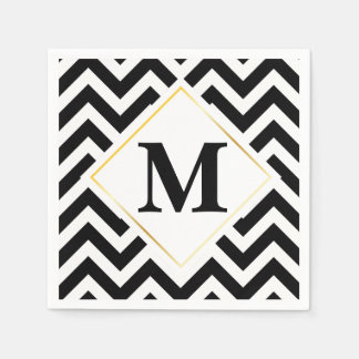 Black and White Chevron White Gold Monogram Napkin