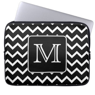 Black and White Chevron with Custom Monogram. Laptop Sleeve