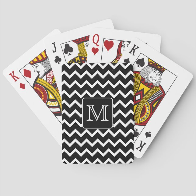 Black and White Chevron with Custom Monogram. Playing Cards (Back)