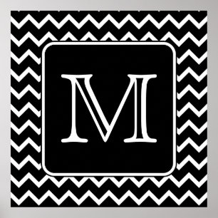 Black and White Chevron with Custom Monogram. Poster