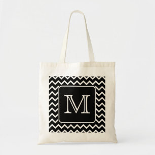 Black and White Chevron with Custom Monogram. Tote Bag