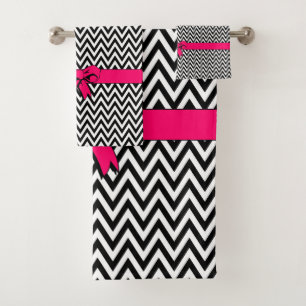 Black and White Chevron with Hot Pink Bow Bath Towel Set
