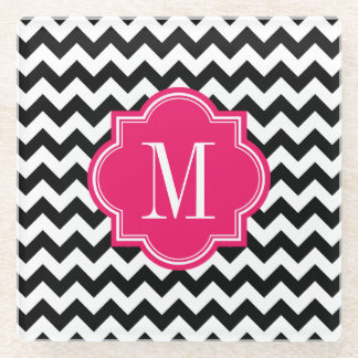 Black and White Chevron with Hot Pink Monogram Glass Coaster
