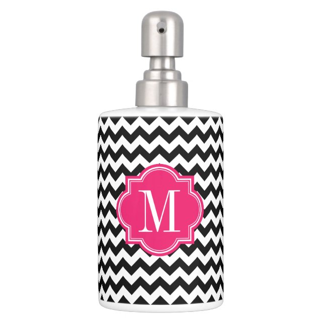 Black and White Chevron with Hot Pink Monogram Soap Dispenser And Toothbrush Holder (Front)