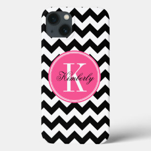 Black and White Chevron with Pink Monogram iPhone 13 Case