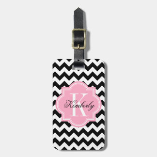 Black and White Chevron with Pink Monogram Luggage Tag