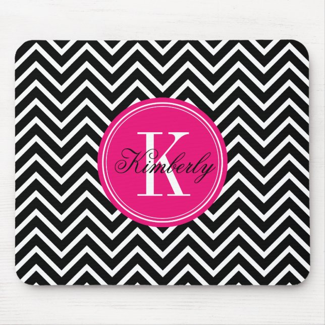 Black and White Chevron with Pink Monogram Mouse Mat (Front)