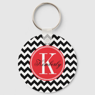 Black and White Chevron with Red Monogram Key Ring