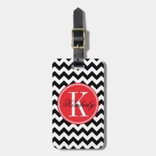Black and White Chevron with Red Monogram Luggage Tag