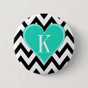 Black and White Chevron with Teal Heart Monogram 6 Cm Round Badge