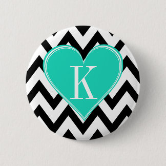 Black and White Chevron with Teal Heart Monogram 6 Cm Round Badge