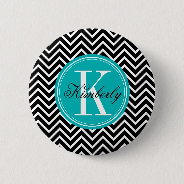 Black and White Chevron with Teal Monogram 6 Cm Round Badge (Front)