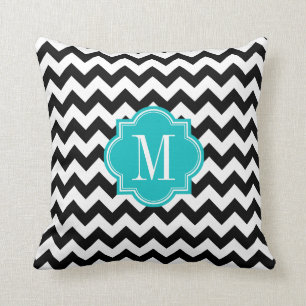 Black and White Chevron with Teal Monogram Cushion
