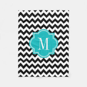 Black and White Chevron with Teal Monogram Fleece Blanket