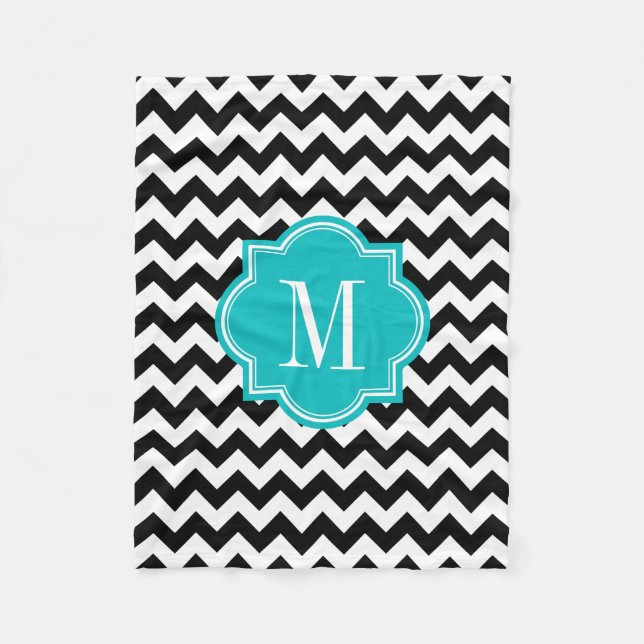 Black and White Chevron with Teal Monogram Fleece Blanket (Front)