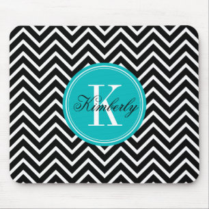 Black and White Chevron with Teal Monogram Mouse Mat