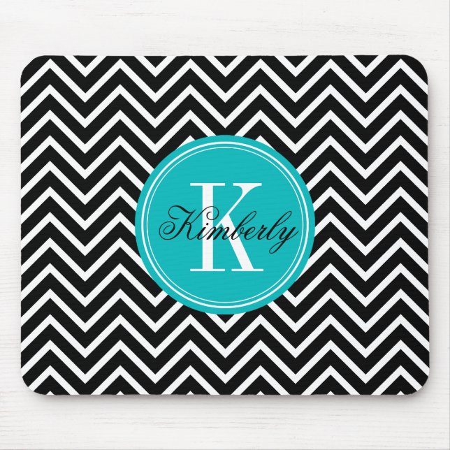 Black and White Chevron with Teal Monogram Mouse Mat (Front)