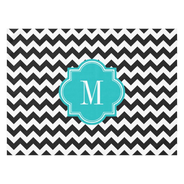 Black and White Chevron with Teal Monogram Tablecloth (Front (Horizontal))