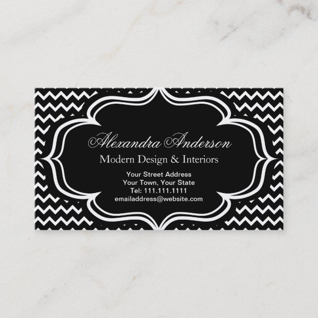 Black and White Chevron Zig Zag Elegant Monogram A Business Card (Front)