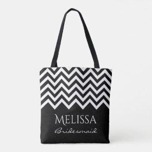 Black and white chevron zig zag stripe bridesmaids tote bag