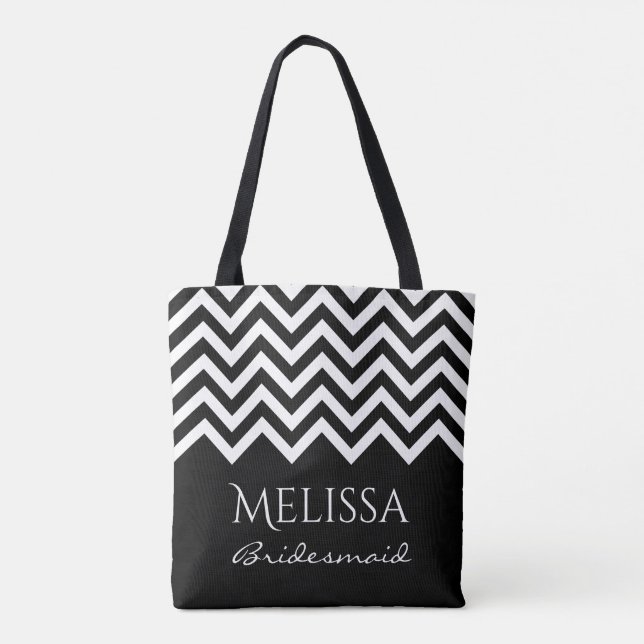 Black and white chevron zig zag stripe bridesmaids tote bag (Back)