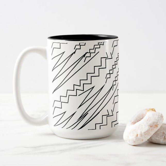 Black and White Chevron Zigzag Stripes Two-Tone Coffee Mug (With Donut)