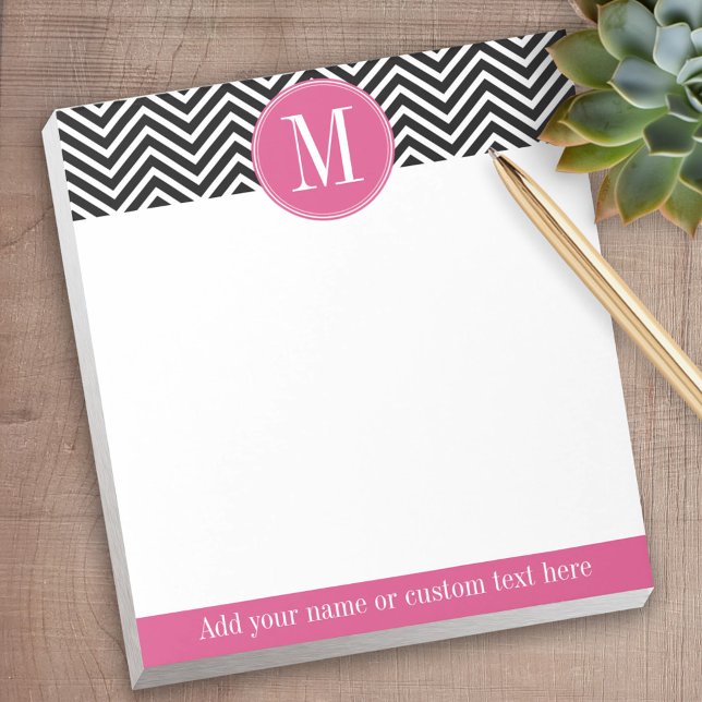 Black and White Chevrons Custom Pink Monogram Notepad (Personalized notepad - great for a gift or your home office)