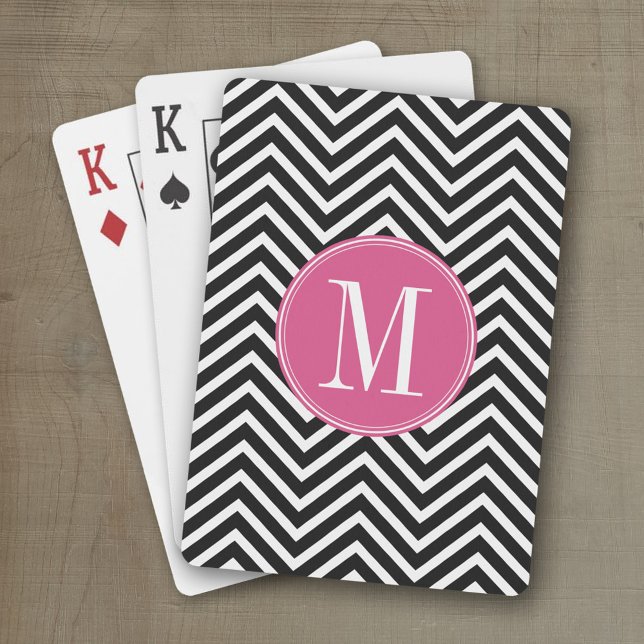 Black and White Chevrons Custom Pink Monogram Playing Cards (Personalized playing cards with monogram or custom text)