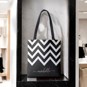 Black and White Chevrons with Monogram Tote Bag