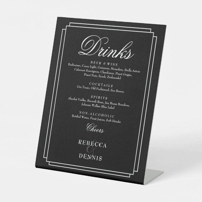 Black And White Chic Art Deco Wedding Drinks Menu Pedestal Sign (Front)