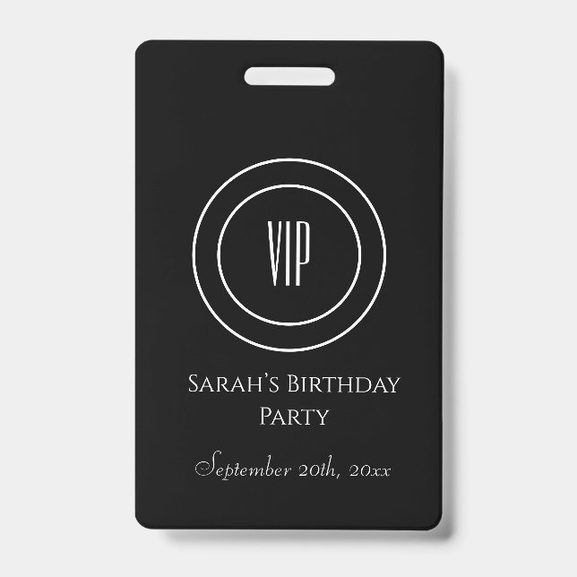 Black and White Chic Birthday Party VIP Access ID Badge (Front)