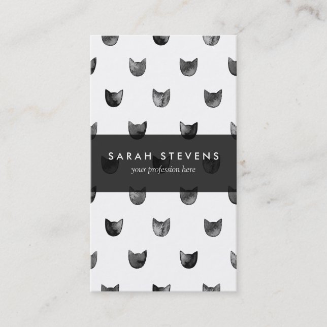 Black and White Chic Cute Cat Pattern Business Card (Front)