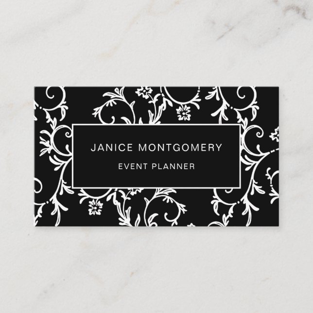 Black and White Chic Floral Damask Business Card (Front)