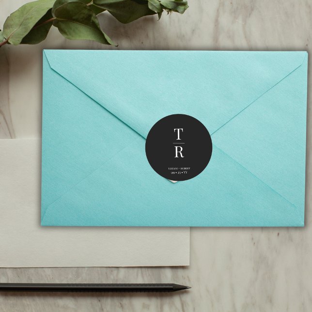 Black and White Chic Monogrammed Wedding Favour Classic Round Sticker (Creator Uploaded)