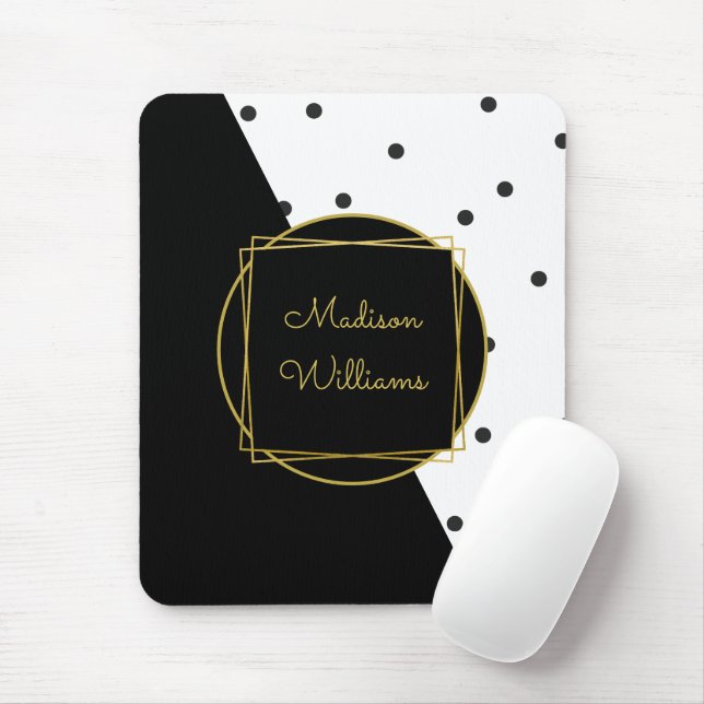 Black and White Chic Polka Dots with Name Mouse Mat (With Mouse)