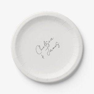Black and White Chic Script Minimalist Wedding Paper Plate