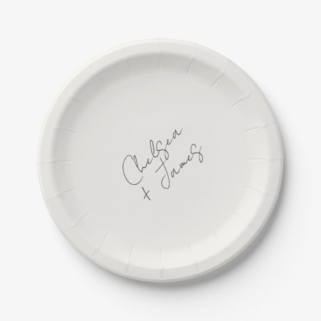 Black and White | Chic Script Minimalist Wedding  Paper Plate (Front)