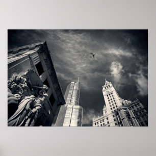 Black and White Chicago City Skyline with Aeroplan Poster
