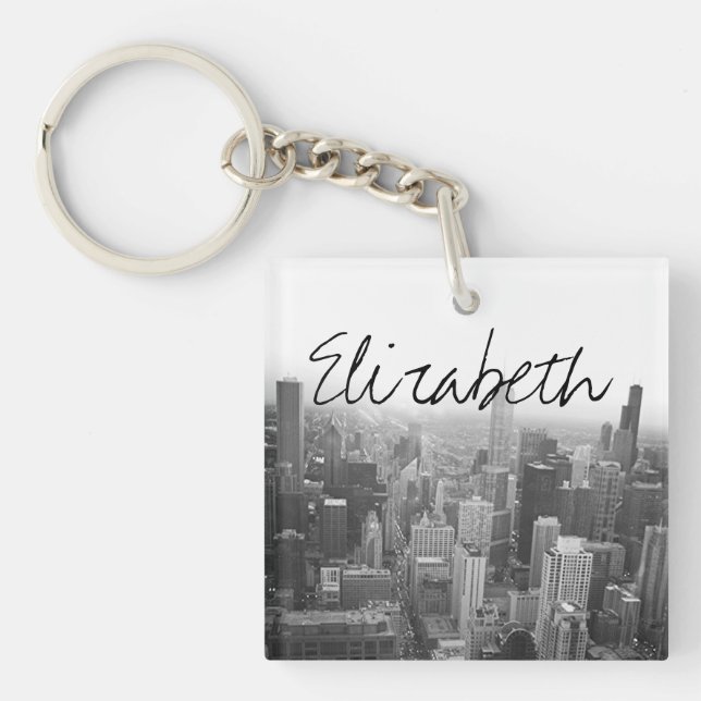 Black and White Chicago Skyline with a Name Key Ring (Front)