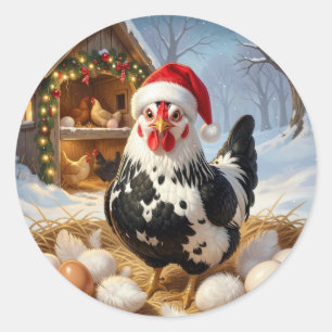 Black and White Chicken with Santa Hat Christmas Classic Round Sticker