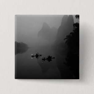 Black and white, China, Li River, Fisherman on 15 Cm Square Badge
