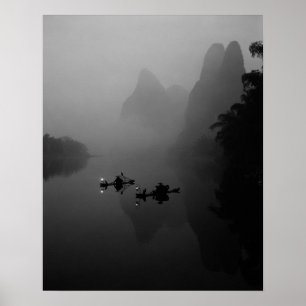 Black and white, China, Li River, Fisherman on Poster