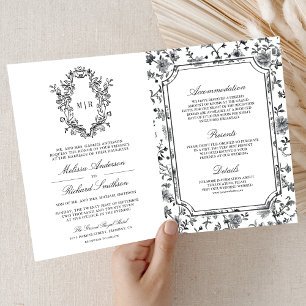 Black and White Chinoiserie Crest QR Code Wedding Invitation